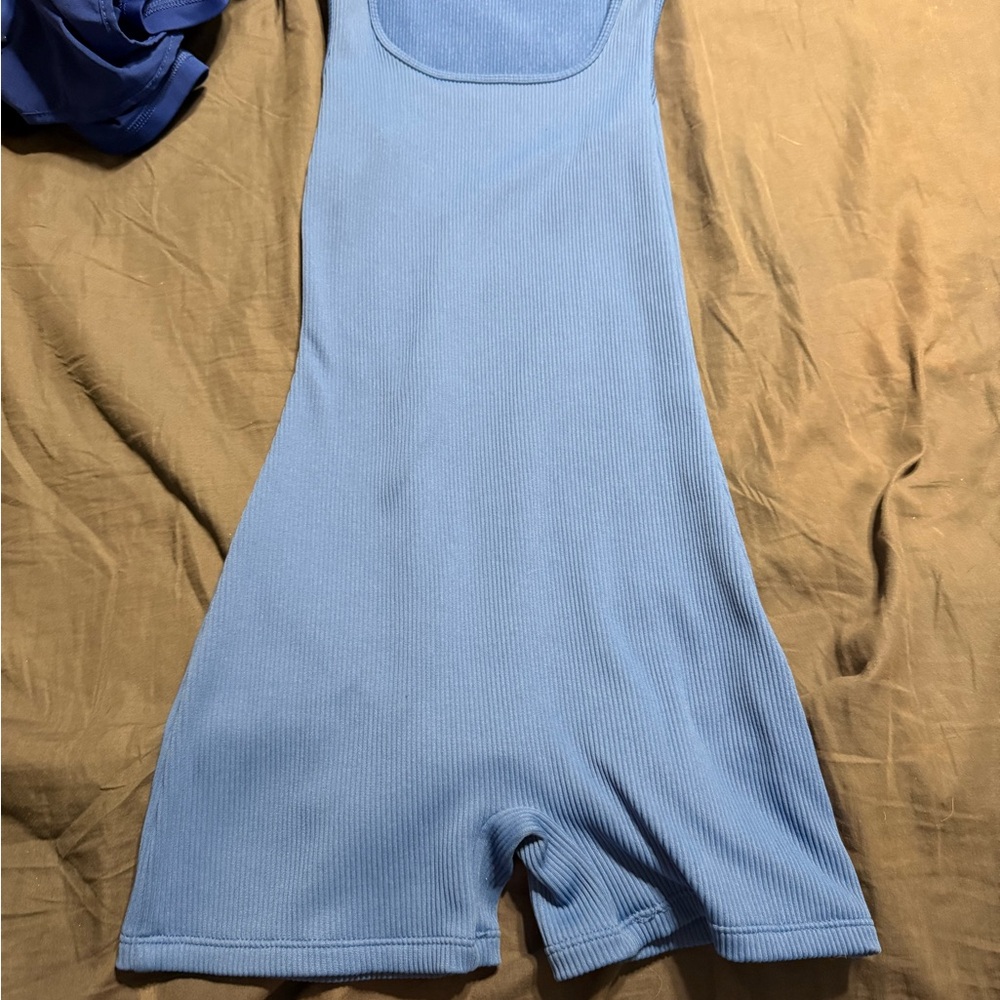 Blue Ribbed Sleeveless Romper